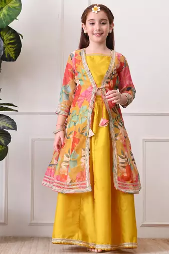 Girls mustard yellow lehenga choli set with multicolor floral  jacket