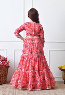Girls peach printed lehenga choli set with embroidered yoke and dupatta 2