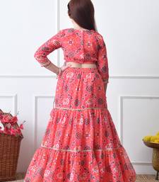 Girls peach printed lehenga choli set with embroidered yoke and dupatta