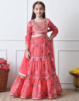 Girls peach printed lehenga choli set with embroidered yoke and dupatta 3