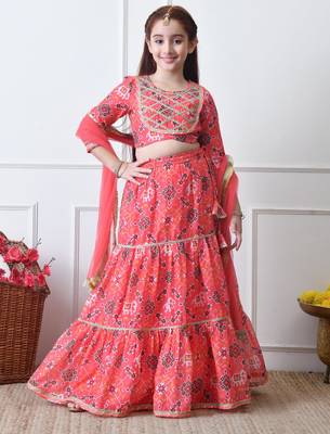 Girls peach printed lehenga choli set with embroidered yoke and dupatta 4