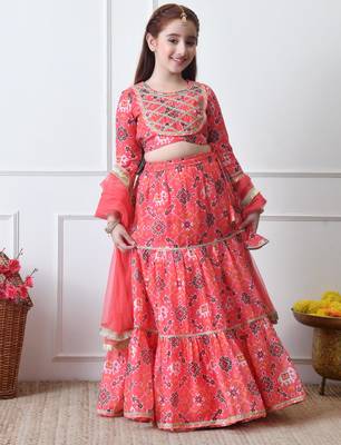 Girls peach printed lehenga choli set with embroidered yoke and dupatta 1