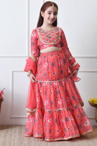 Girls peach printed lehenga choli set with embroidered yoke and dupatta