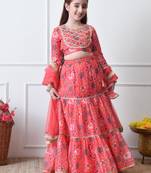 Girls peach printed lehenga choli set with embroidered yoke and dupatta