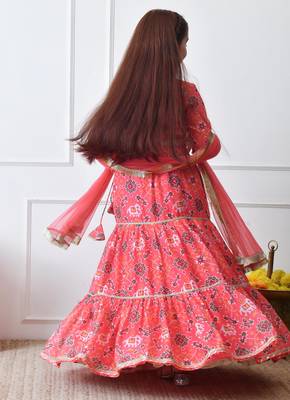 Girls peach printed lehenga choli set with embroidered yoke and dupatta 5