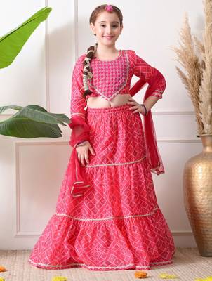 Girls pink printed lehenga choli set with embroidery and dupatta 3