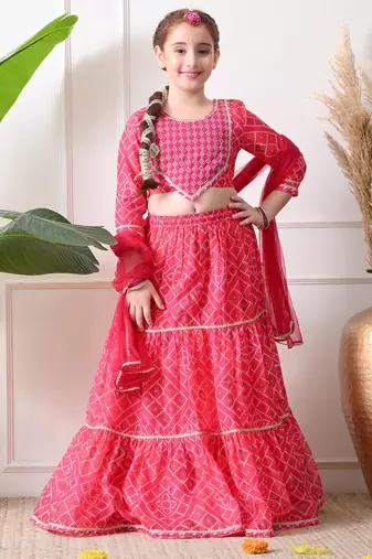 Girls pink printed lehenga choli set with embroidery and dupatta