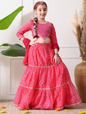 Girls pink printed lehenga choli set with embroidery and dupatta 1