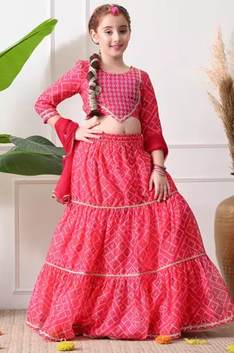 Girls pink printed lehenga choli set with embroidery and dupatta