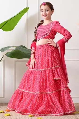Girls pink printed lehenga choli set with embroidery and dupatta