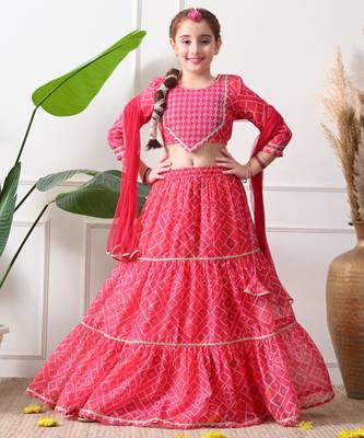 Girls pink printed lehenga choli set with embroidery and dupatta 5