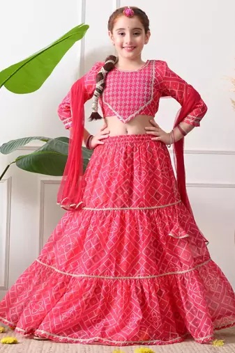 Girls pink printed lehenga choli set with embroidery and dupatta