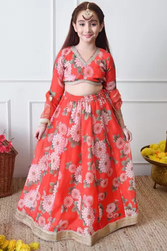 Girls red floral printed lehenga choli set with net dupatta