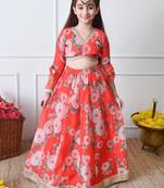 Girls red floral printed lehenga choli set with net dupatta