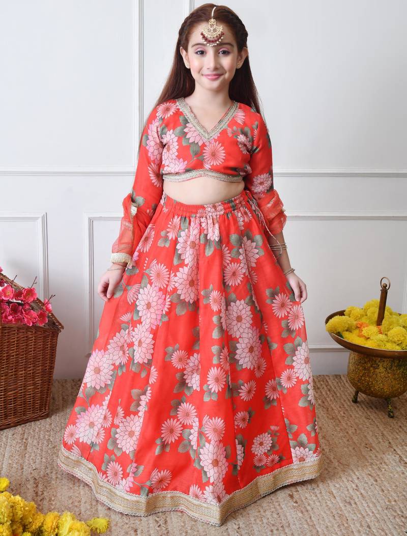 Girls red floral printed lehenga choli set with net dupatta