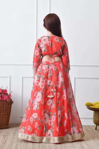 Girls red floral printed lehenga choli set with net dupatta