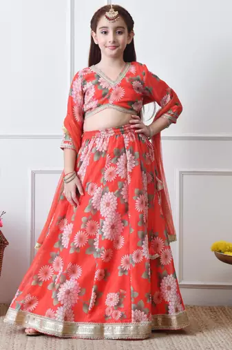 Girls red floral printed lehenga choli set with net dupatta