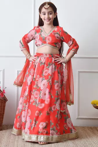 Girls red floral printed lehenga choli set with net dupatta