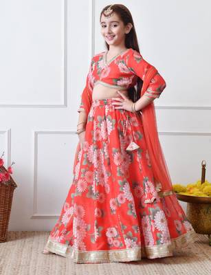 Girls red floral printed lehenga choli set with net dupatta 5