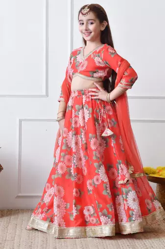 Girls red floral printed lehenga choli set with net dupatta