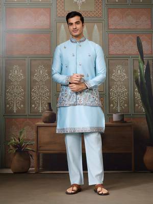 SKY BLUE SILK PREMIUM THREAD & SEQUINS EMBROIDERED WORK WEDDING FESTIVAL PARTY WEAR STRAIGHT KURTA WITH JACKE AND PANT 8