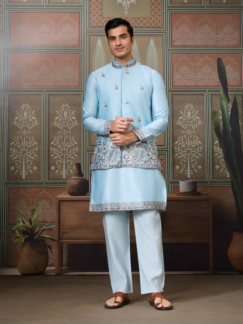 Sky blue silk premium thread & sequins embroidered work wedding festival party wear straight kurta with jacke and pant