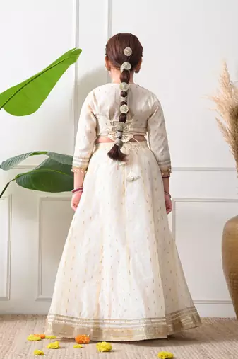 Girls off-white embroidered lehenga choli set with net dupatta
