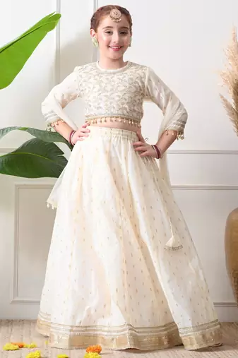 Girls off-white embroidered lehenga choli set with net dupatta
