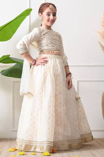 Girls off-white embroidered lehenga choli set with net dupatta