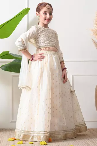 Girls off-white embroidered lehenga choli set with net dupatta