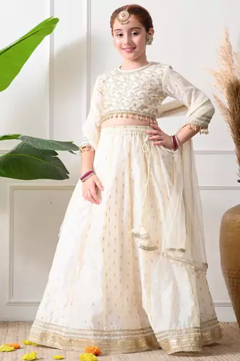 Girls off-white embroidered lehenga choli set with net dupatta