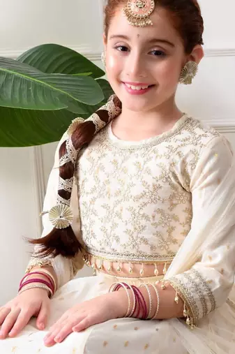 Girls off-white embroidered lehenga choli set with net dupatta