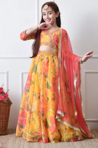 Girls yellow floral printed lehenga set with dupatta