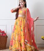 Girls yellow floral printed lehenga set with dupatta