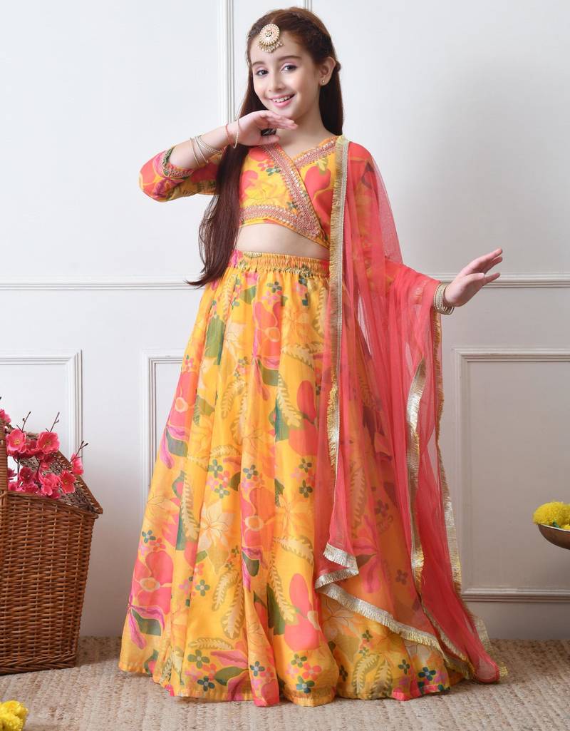 Girls yellow floral printed lehenga set with dupatta