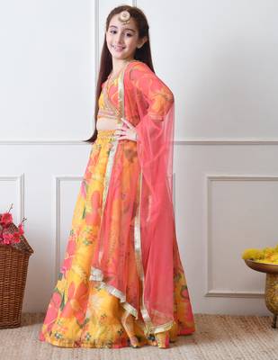Girls yellow floral printed lehenga set with dupatta 2