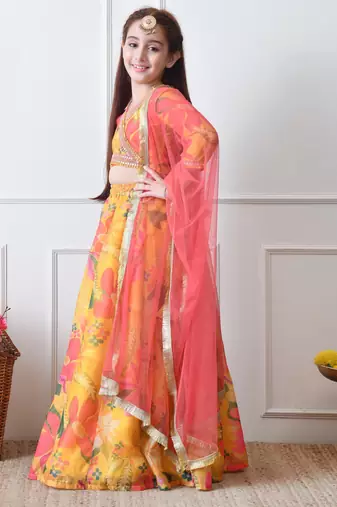 Girls yellow floral printed lehenga set with dupatta