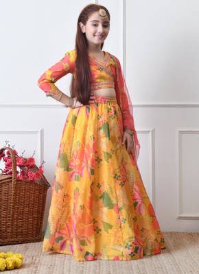 Girls yellow floral printed lehenga set with dupatta 3