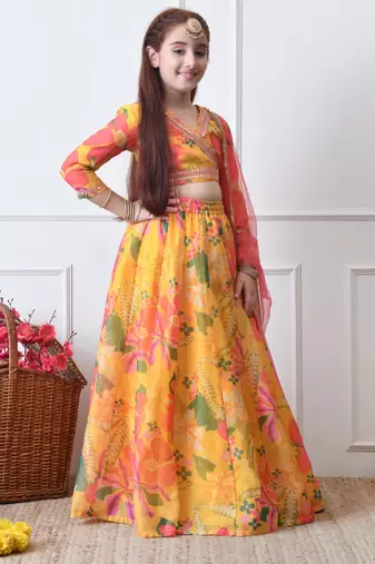 Girls yellow floral printed lehenga set with dupatta