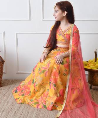 Girls yellow floral printed lehenga set with dupatta 4