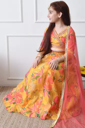 Girls yellow floral printed lehenga set with dupatta
