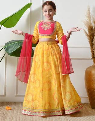 Girls yellow embroidered lehenga choli set with dupatta 3