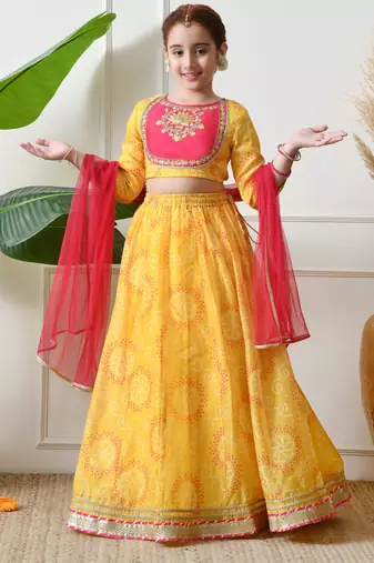 Girls yellow embroidered lehenga choli set with dupatta