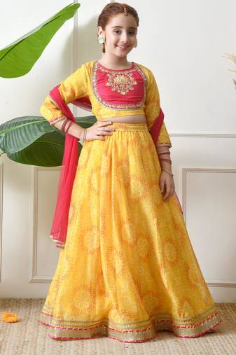 Girls yellow embroidered lehenga choli set with dupatta