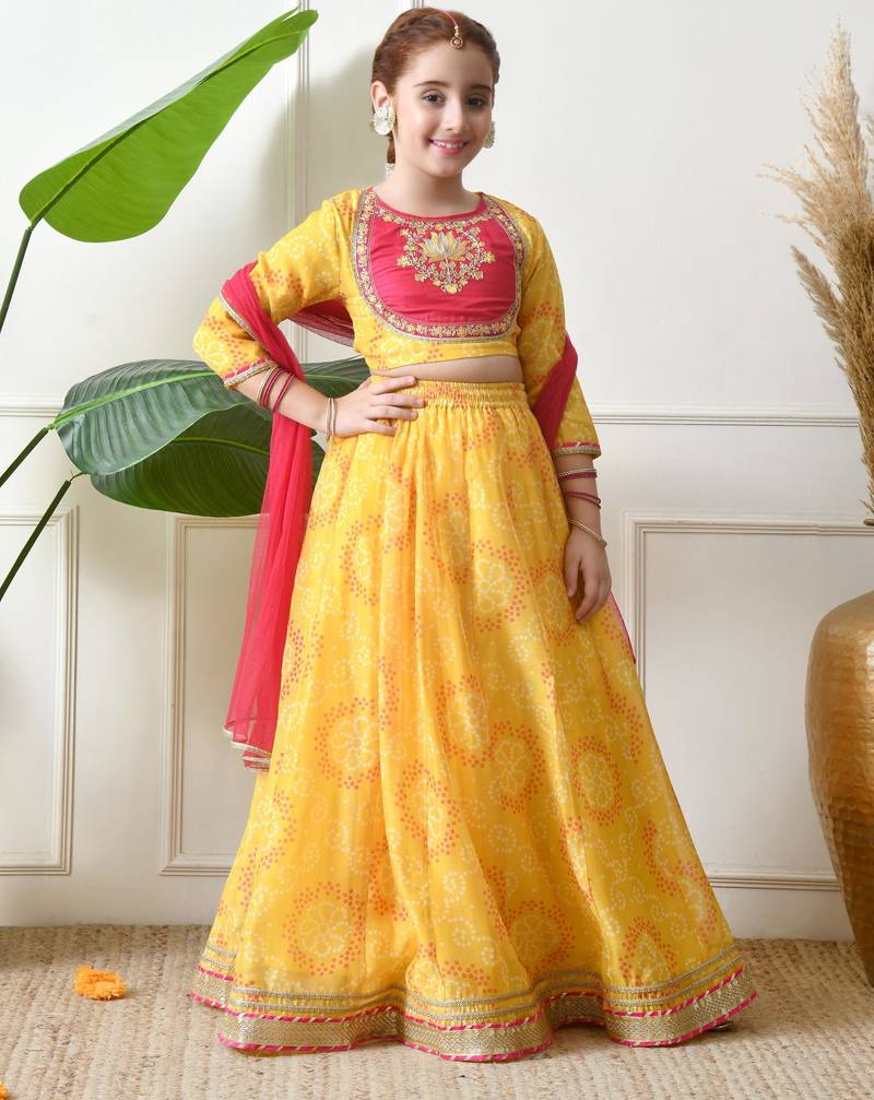 Girls yellow embroidered lehenga choli set with dupatta
