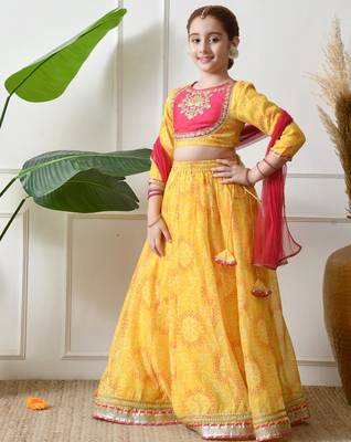 Girls yellow embroidered lehenga choli set with dupatta 4
