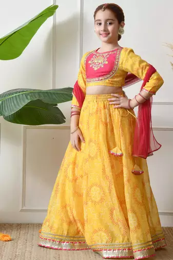 Girls yellow embroidered lehenga choli set with dupatta