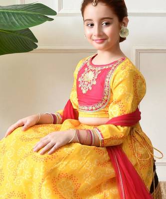 Girls yellow embroidered lehenga choli set with dupatta 5