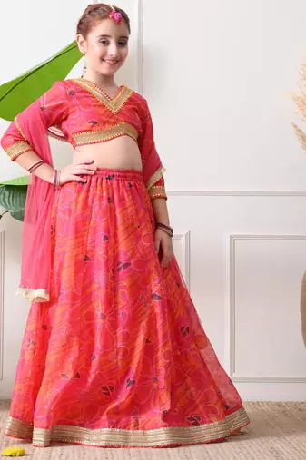 Girls pink printed lehenga choli set with dupatta – festive ethnic wear