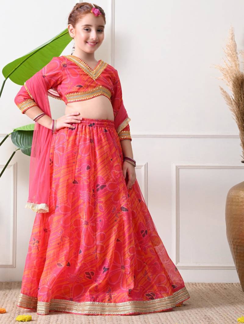 Girls pink printed lehenga choli set with dupatta     festive ethnic wear